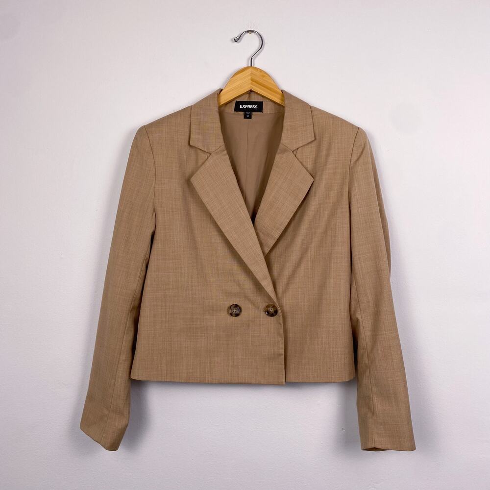 Express Cropped Double Breasted Crosshatch Blazer Tan XS
